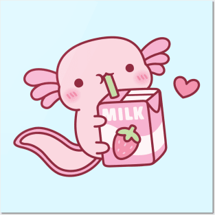 Cute Axolotl Drinking Strawberry Milk Posters and Art
